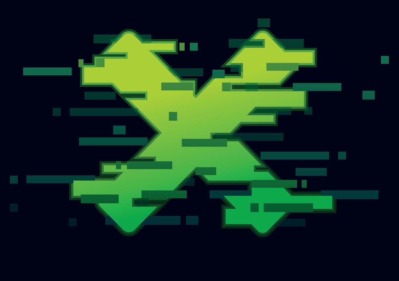 Glitchy neon green 'X' symbol, representing digital error, hacking, cyberpunk aesthetics, and futuristic tech vector