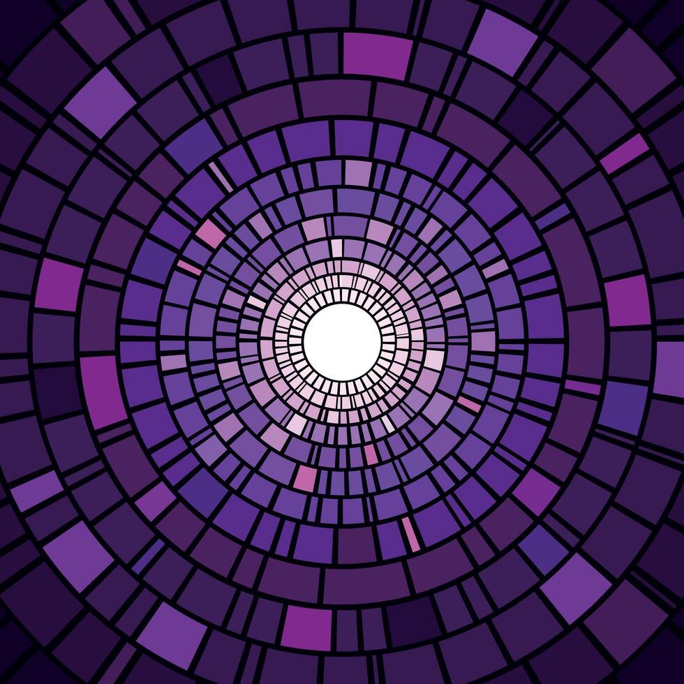 Futuristic purple mosaic tunnel. Abstract digital space of concentric circles creating a geometric illusion vector