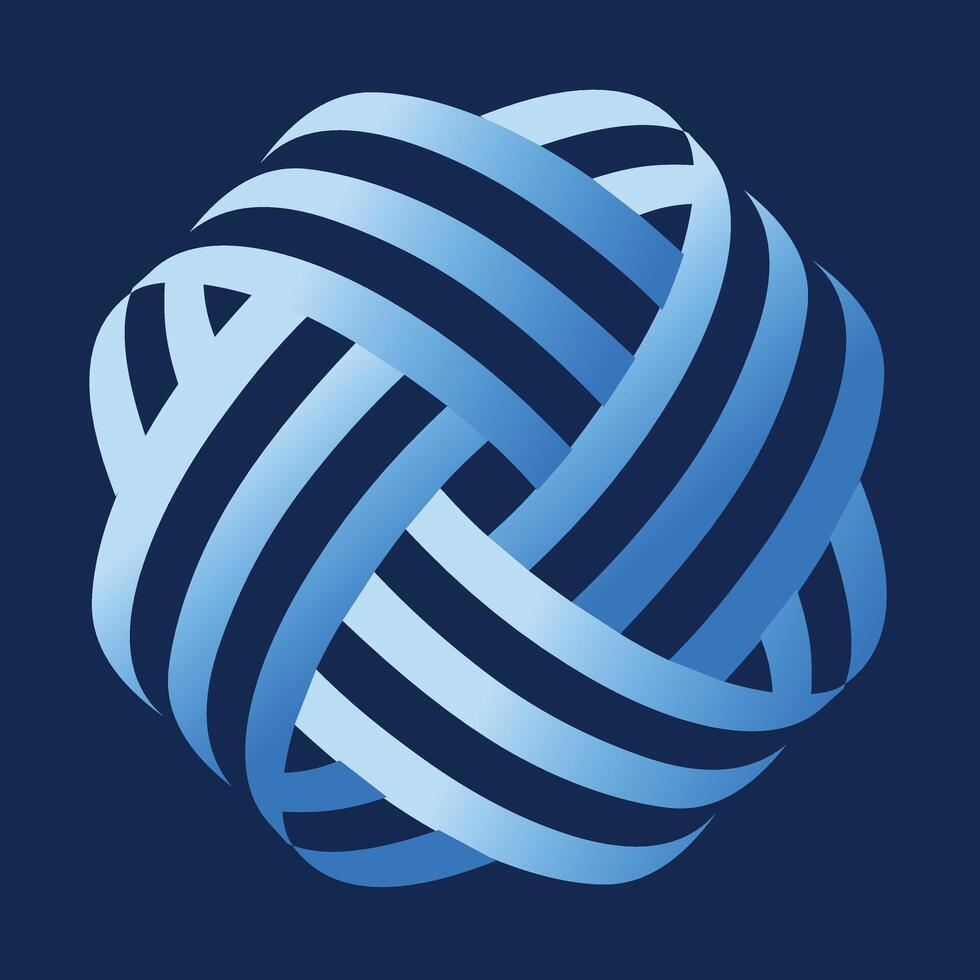 Interwoven blue ribbon sphere, symbolizing unity, complexity, and digital networks in a futuristic style vector