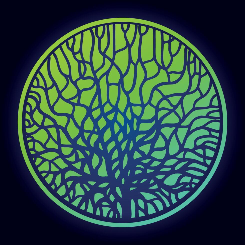 Neon green tree-like branching pattern within a circular shape, evoking technology and nature fusion vector