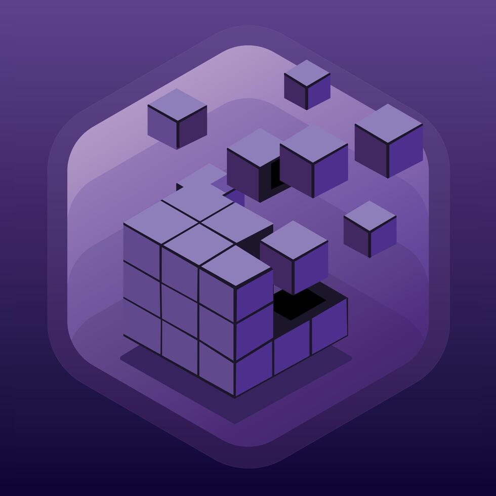Floating purple cube structure breaking apart, symbolizing data, digital transformation, and abstract geometry vector