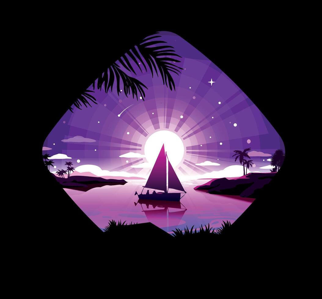 Tropical Sunset with Sailboat. Vibrant Violet Dreamy Seascape vector