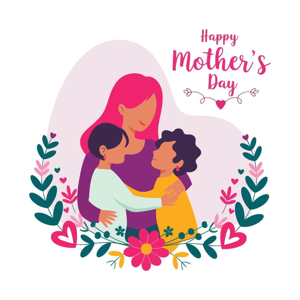 Heartwarming Embrace Mother's Day Illustration with Colorful Flowers and Loving Family vector