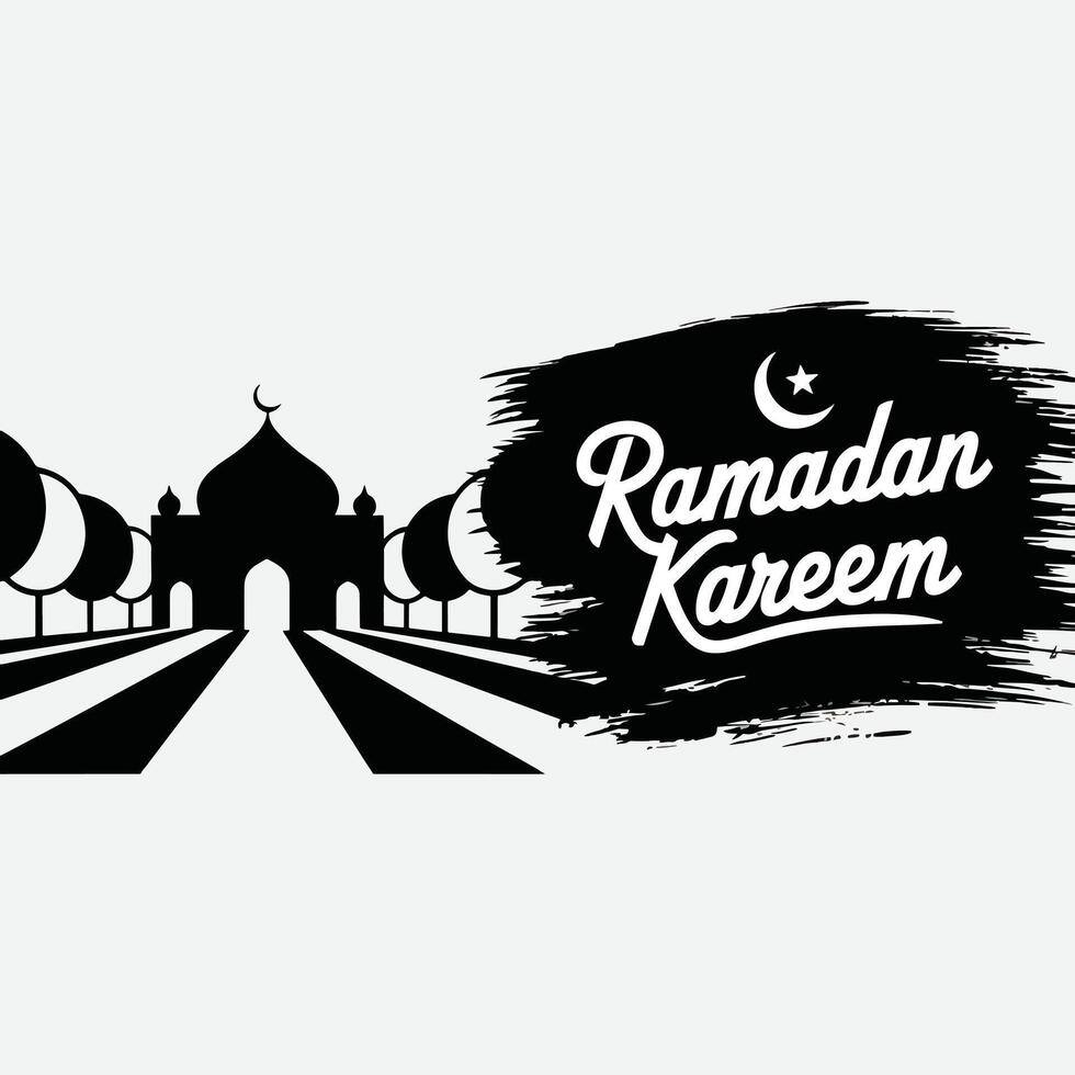 Serene Mosque in Monochrome Ramadan Kareem Illustration with Bold Brushstroke Background vector
