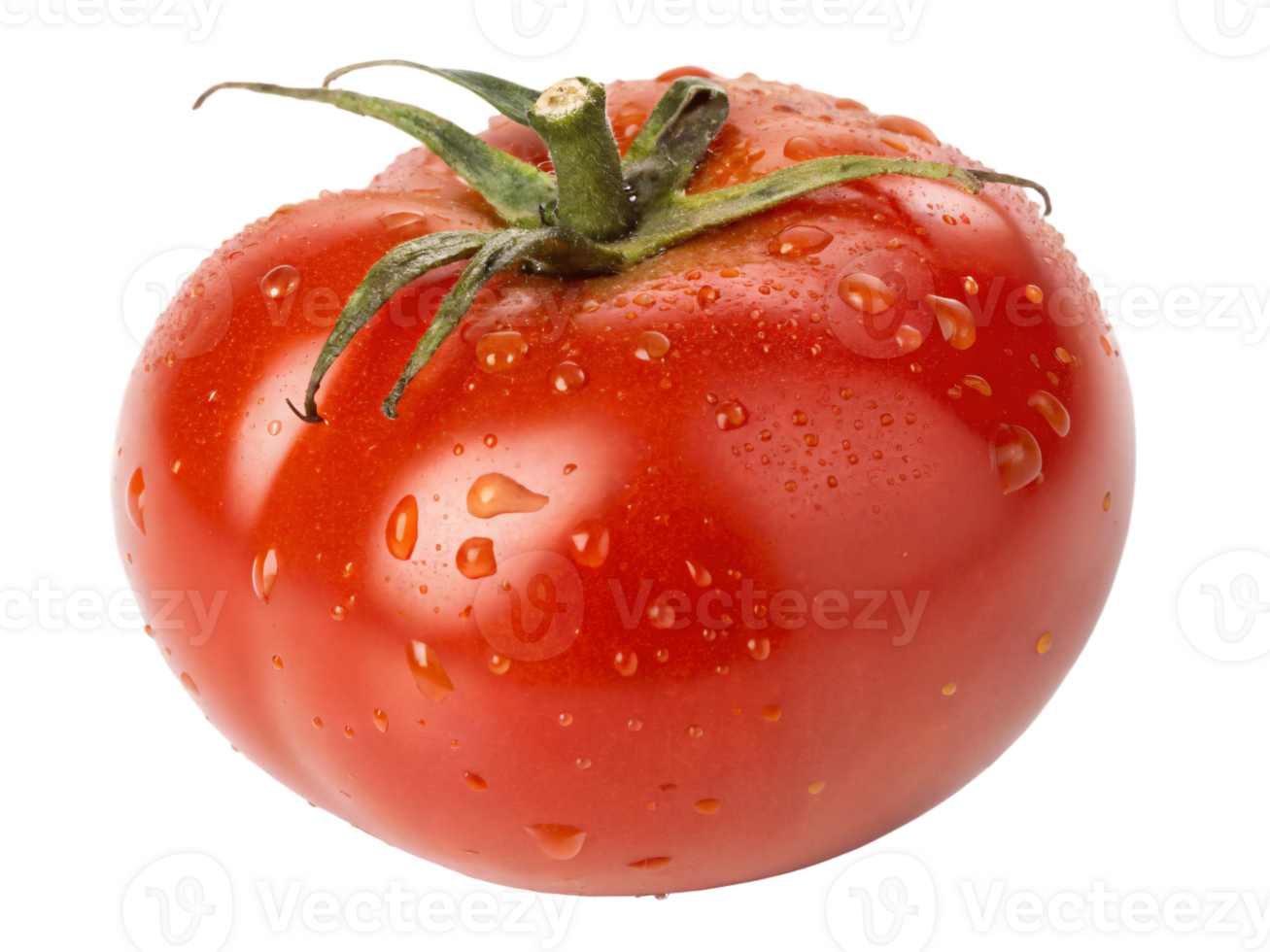 A ripe, red tomato with a glossy, reflective surface and a natural stem. fruit is perfectly round png