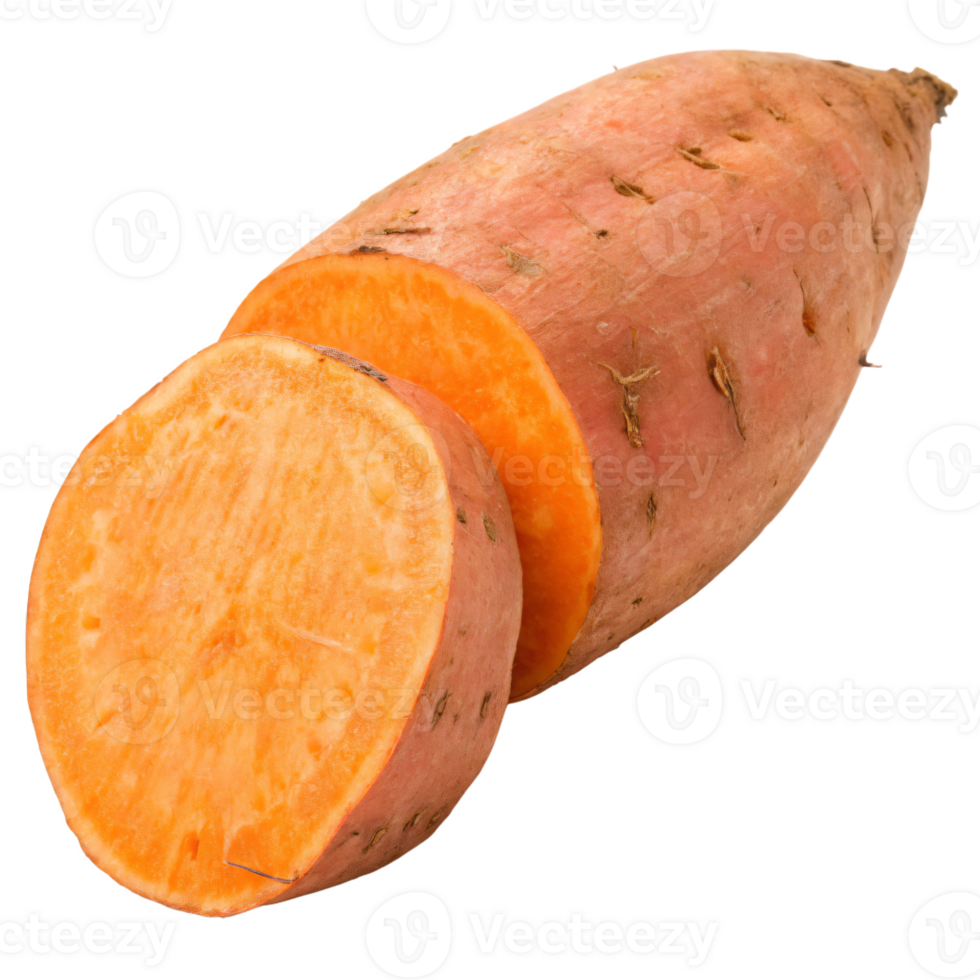A vibrant orange sweet potato with a smooth, matte skin and a tapered shape. The vegetable is fresh png