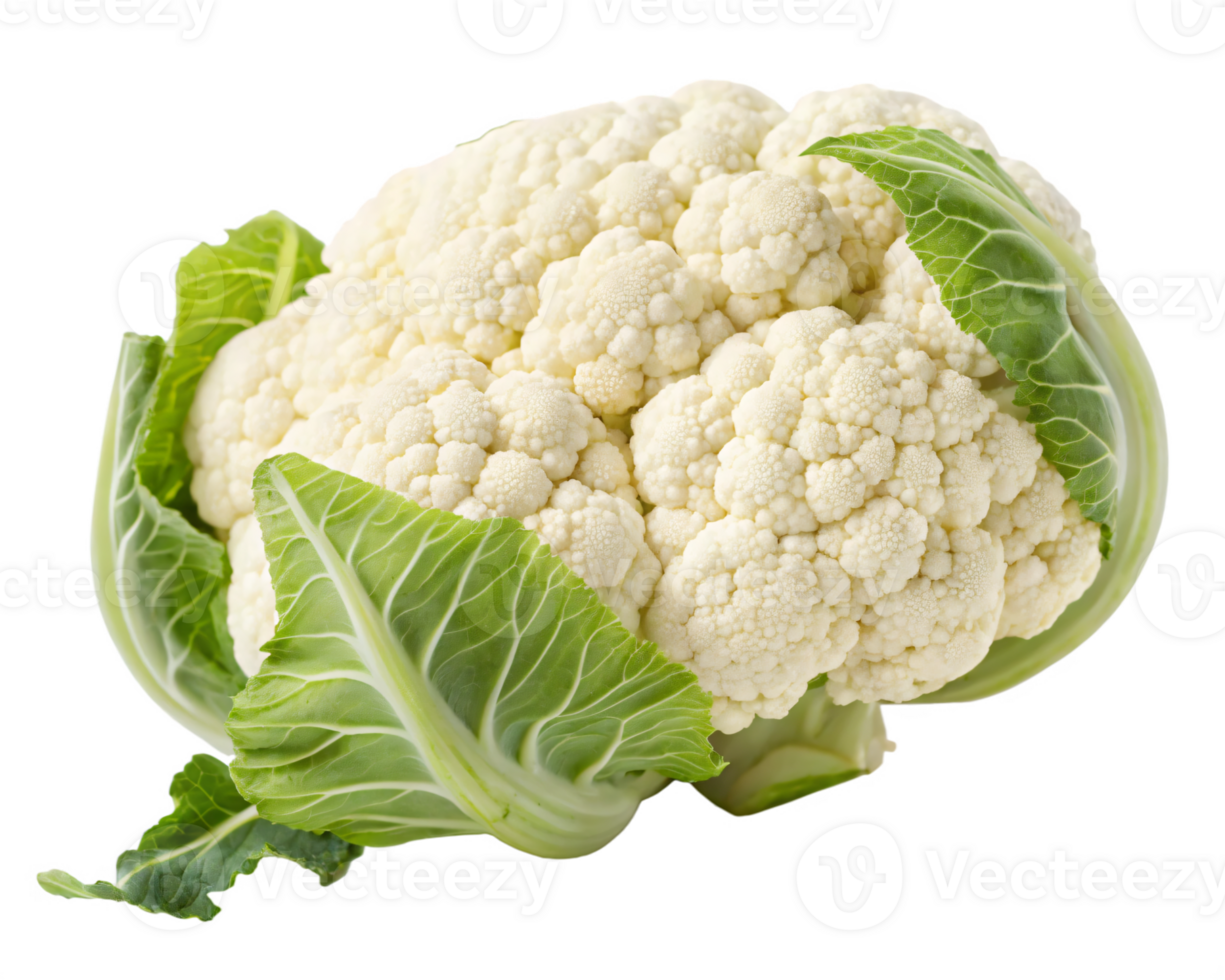 A white cauliflower with tightly packed, curd-like florets and fresh green leaves at the base. png