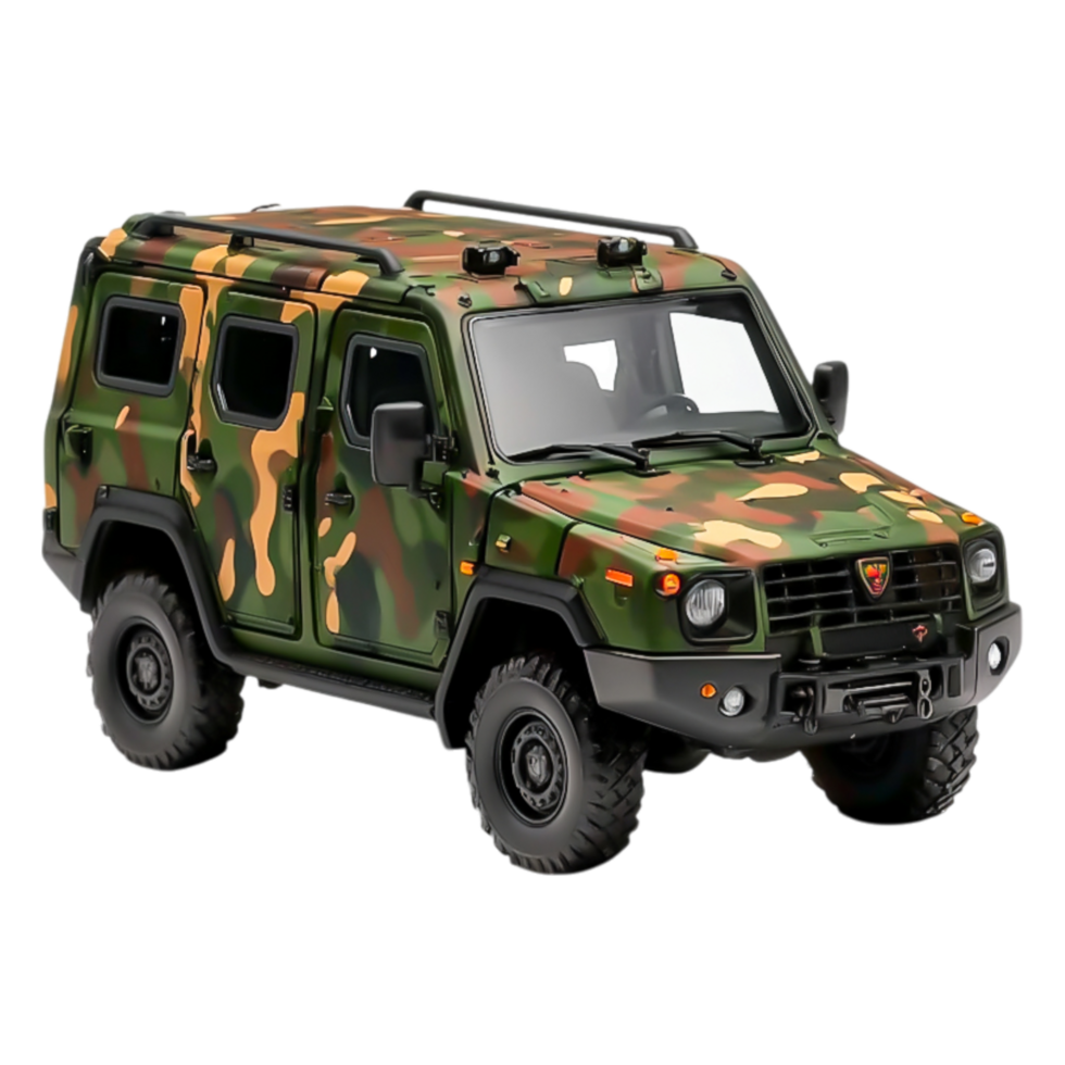 Military Off-Road Vehicle in Camouflage Color Scheme on Display png