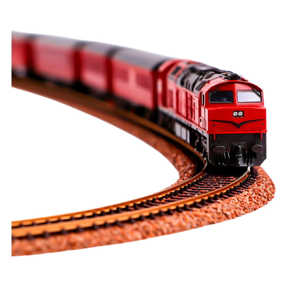 Red Train Model on Curved Track with Focus on Locomotive Details png