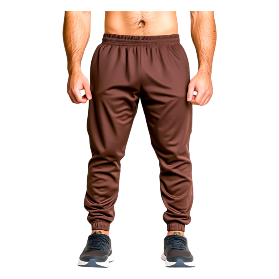 Athletic Male Model Wearing Brown Jogging Pants in Studio Setting png