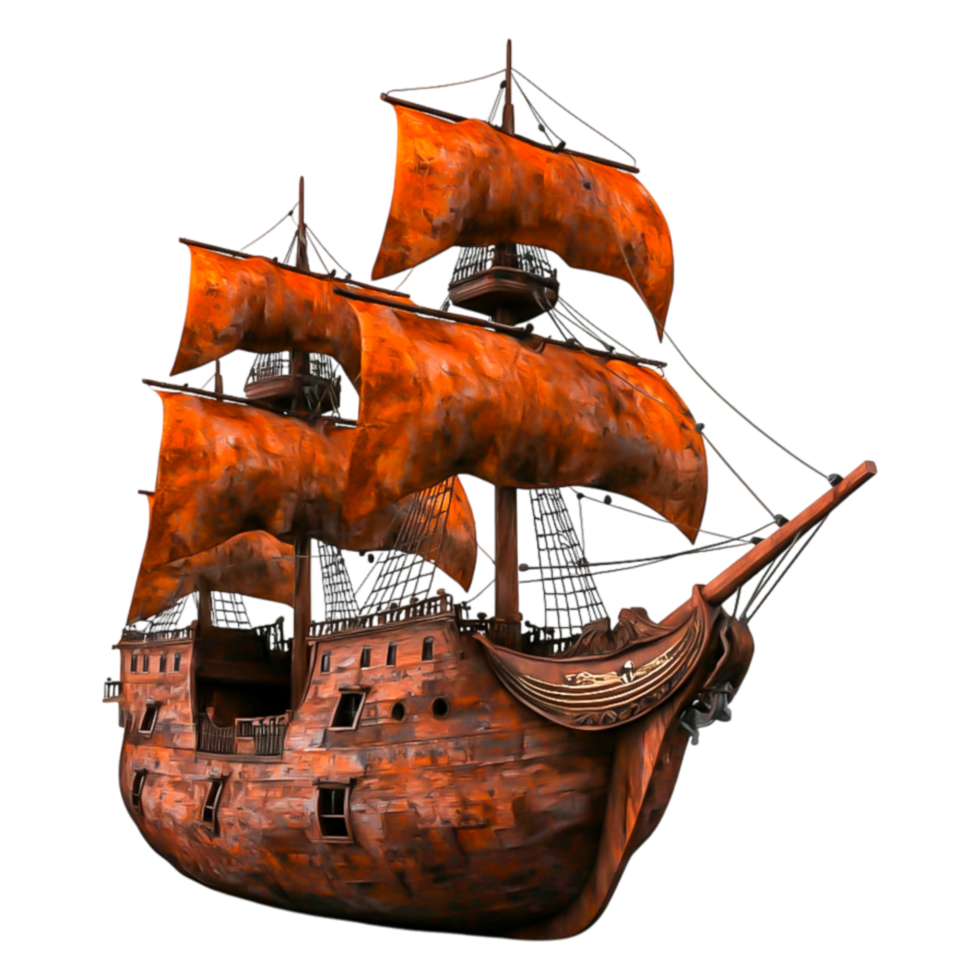 Vintage Pirate Ship with Tattered Sails on Stormy Ocean Waters png