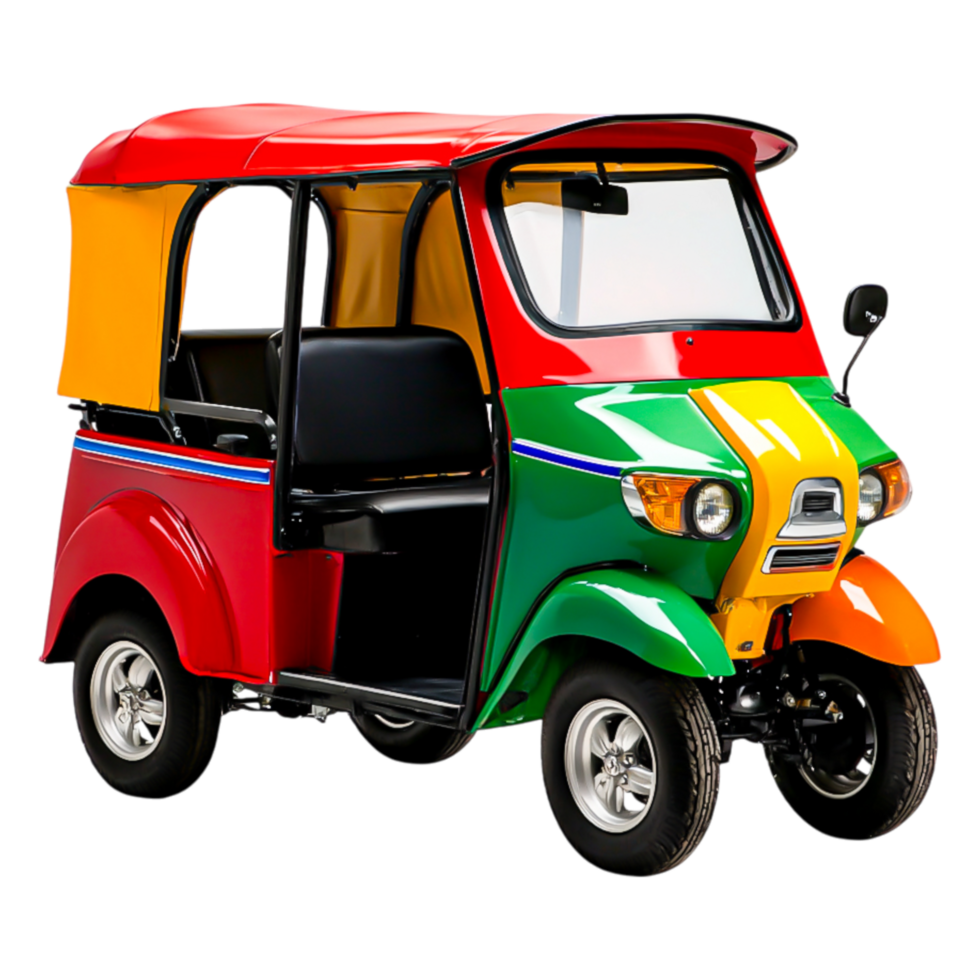 Colorful Auto Rickshaw with Vibrant Design and Open Seating png