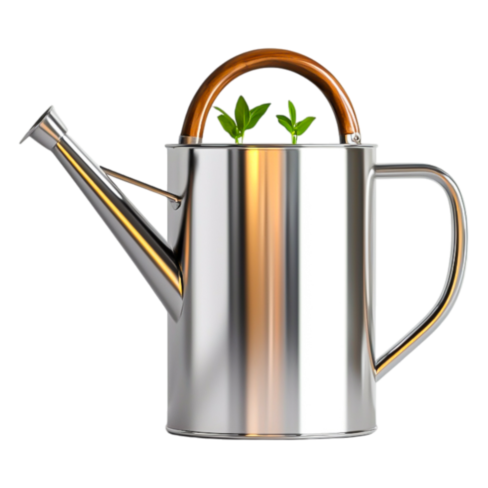Modern Silver Watering Can with Green Plants in Minimalist Style png