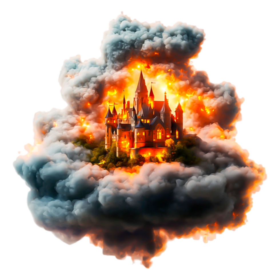 Enchanted Castle Surrounded by Fiery Clouds and Dramatic Flames png