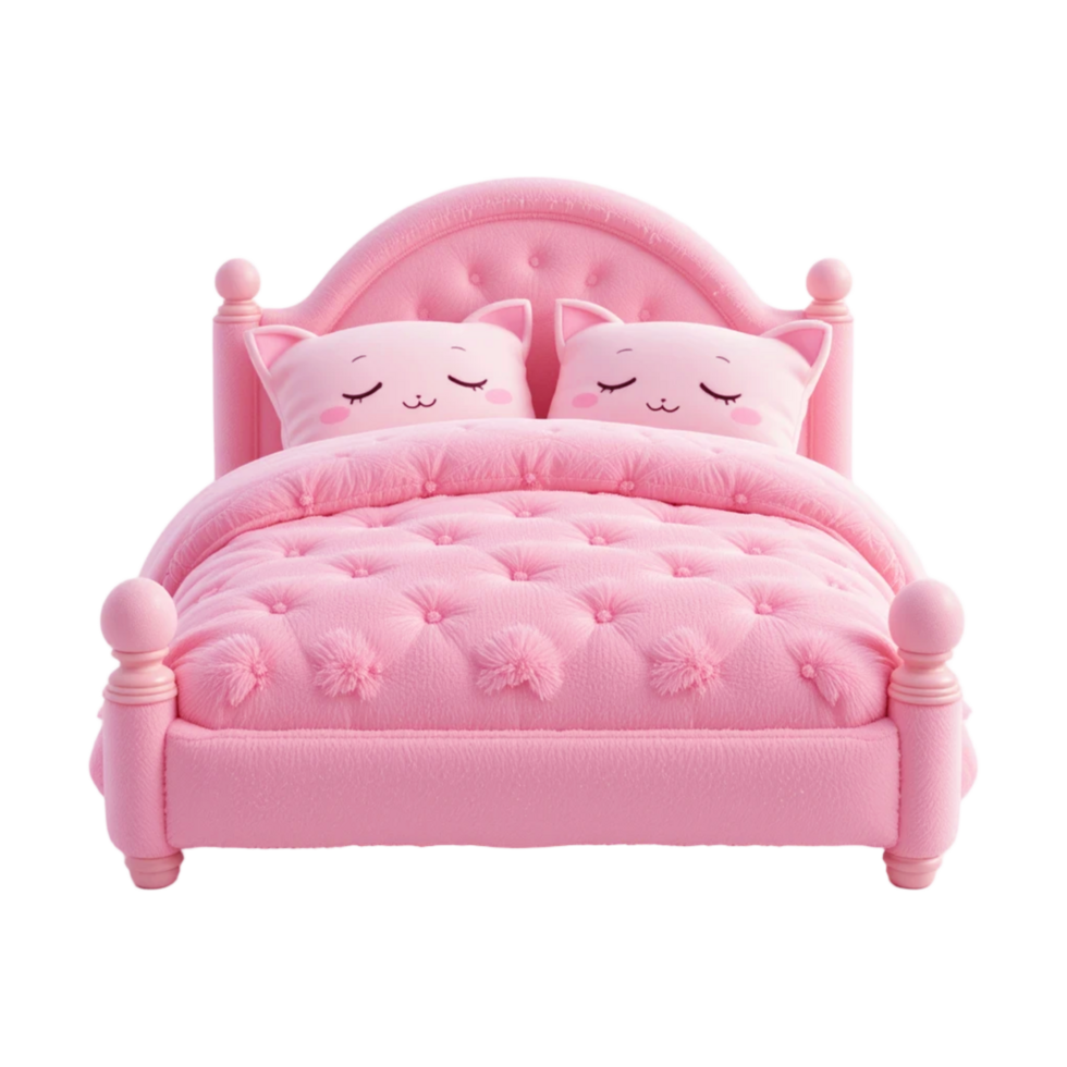 Pink Princess Bed Kawaii Style Tufted Headboard Cat Face Pillows Cute Bedroom Decor png