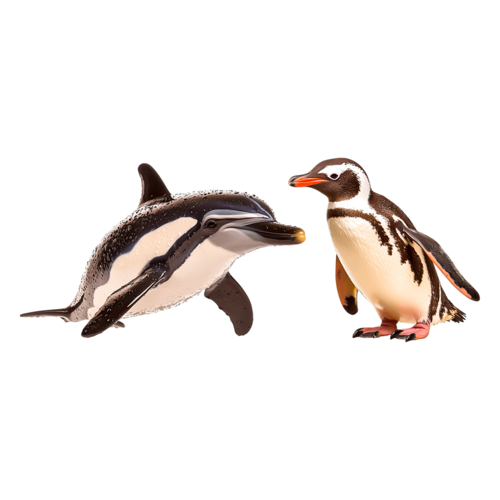 Playful Dolphin and Penguin Interacting in a Vibrant Ocean Scene png