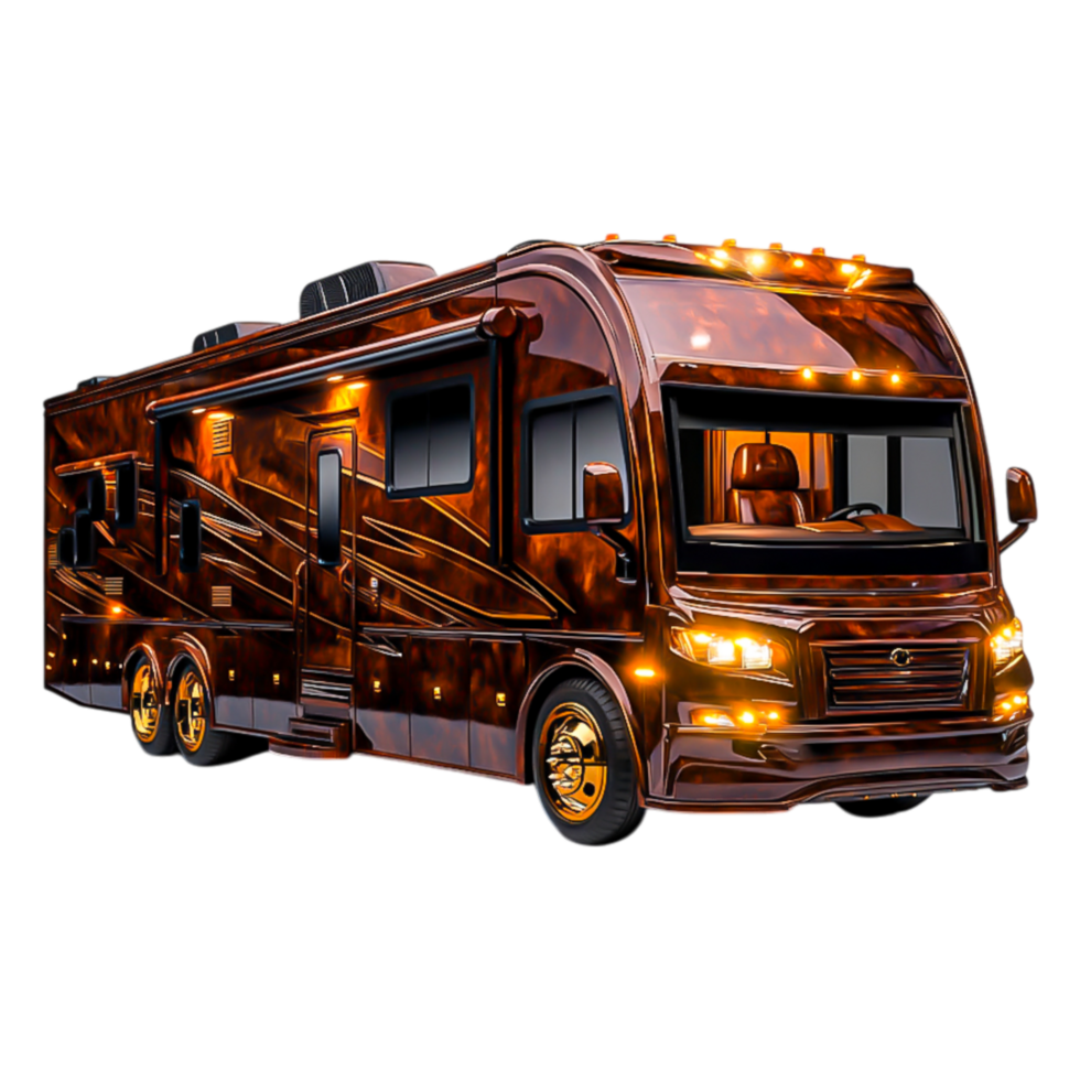Luxurious Modern RV with Shiny Brown Exterior and LED Lights png