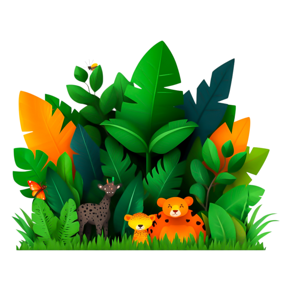 Colorful Jungle Scene with Cute Animals and Lush Greenery png
