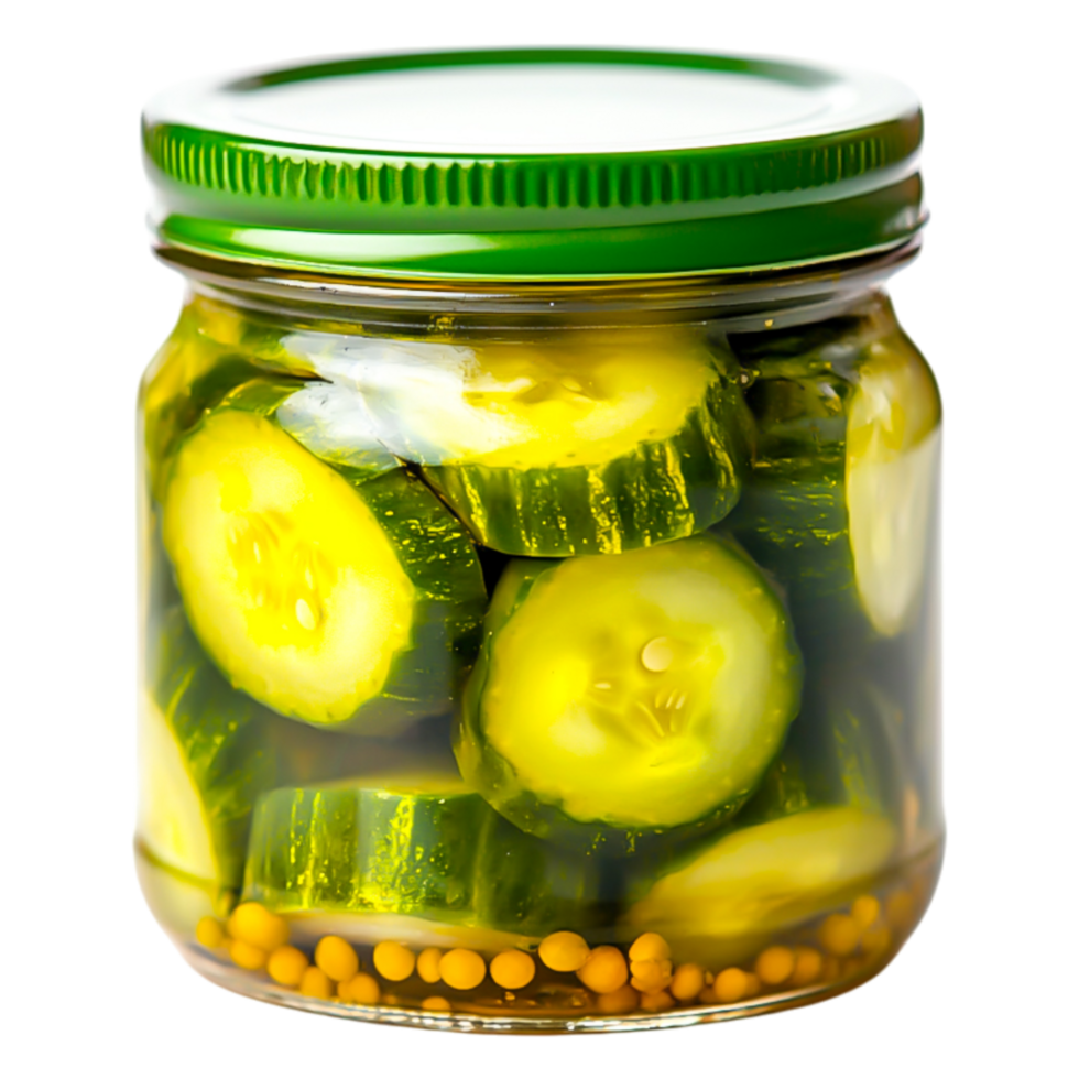 Freshly Pickled Cucumbers in a Glass Jar with Green Lid png