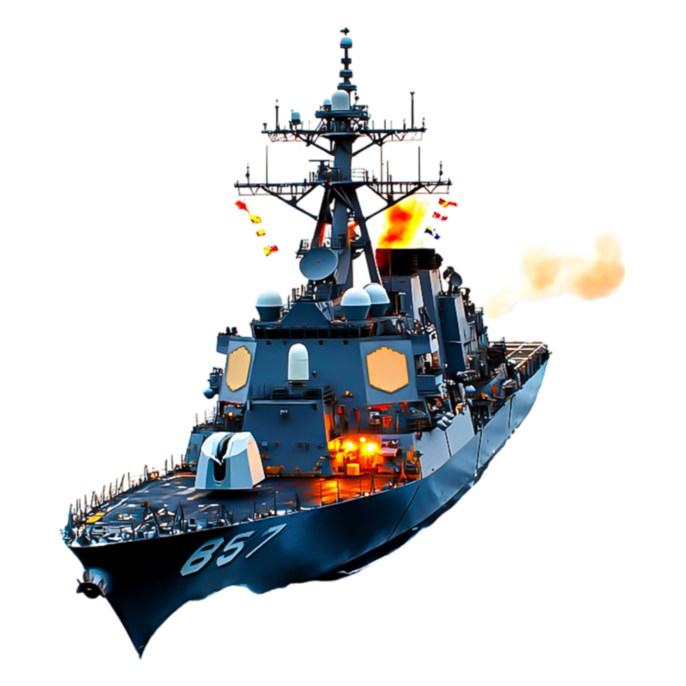 Military Destroyer Ship Engaged in Combat with Explosive Action png