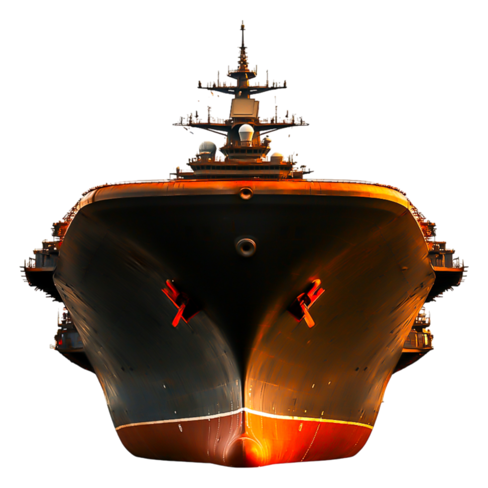 Majestic Front View of a Large Cargo Ship Against Golden Sunset png