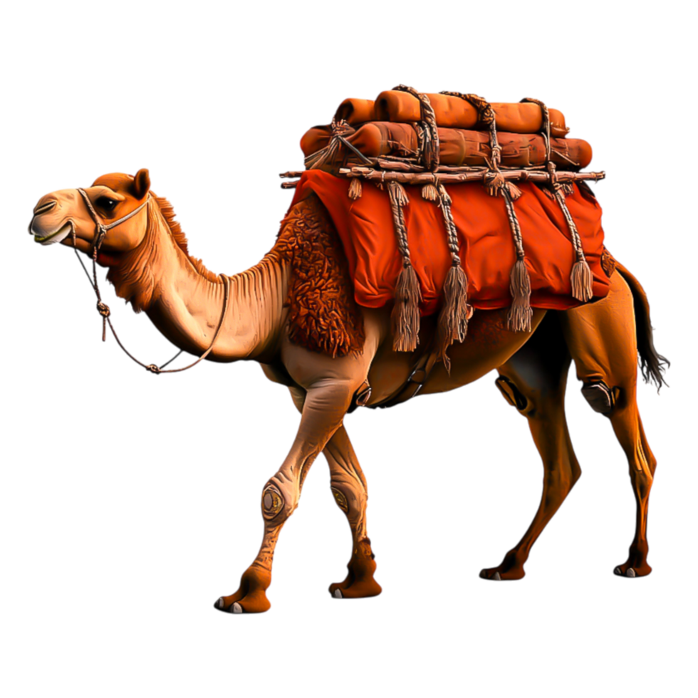 Camel with saddle and supplies traveling across desert landscape png