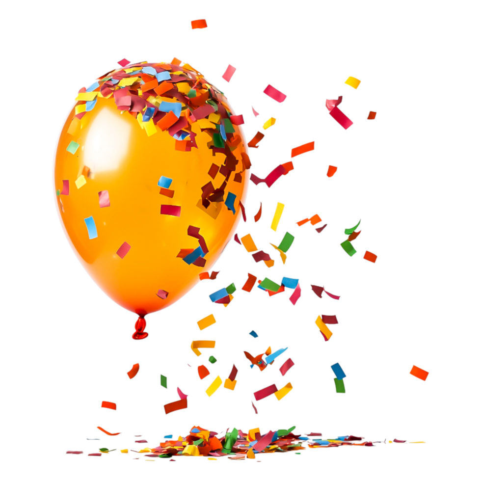 Colorful Confetti Falling from Orange Balloon in Celebration Scene png
