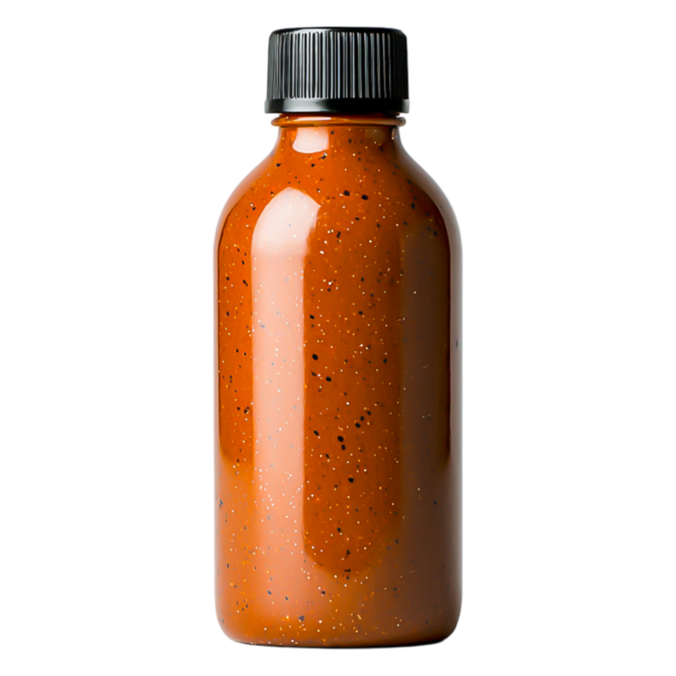 Bottle of Spicy Orange Sauce with a Glossy Finish and Black Lid png
