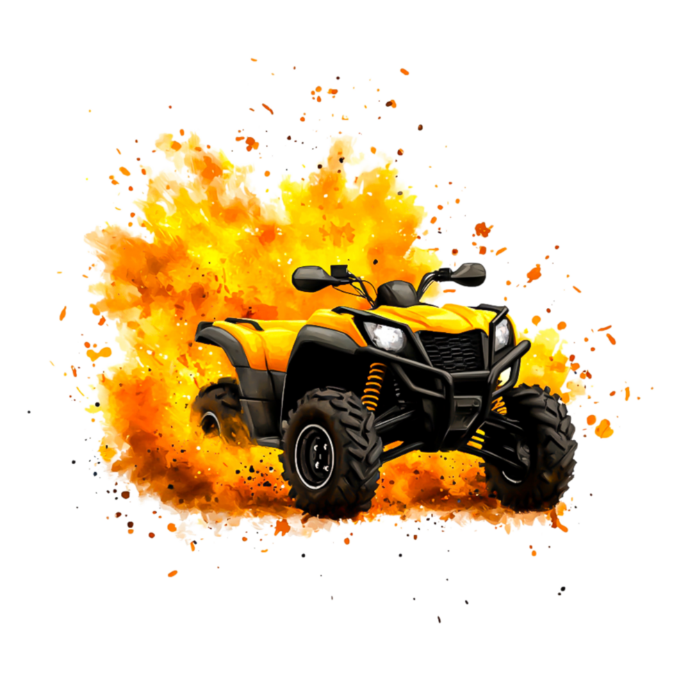 Dynamic Yellow ATV in Action with Explosive Orange Background png