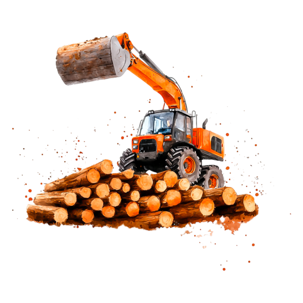 Orange Loader Lifting Log Against Stack of Timber in Forest Setting png