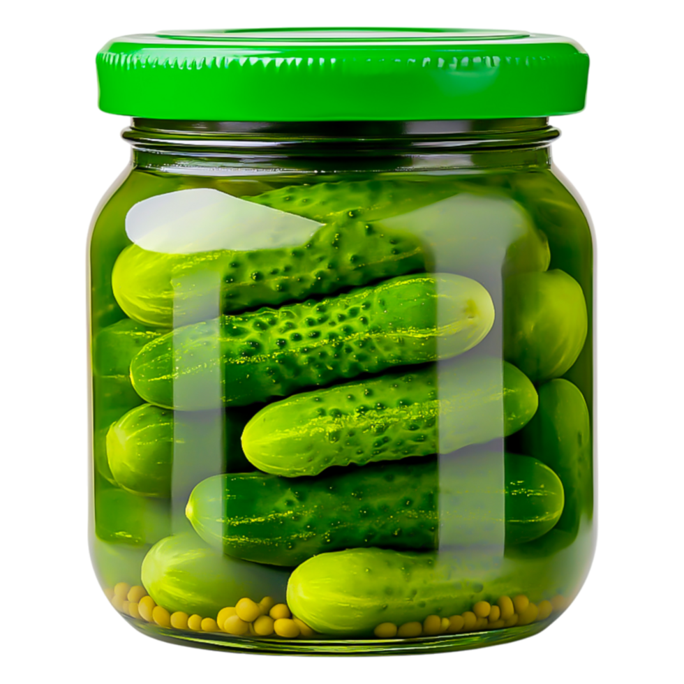Freshly Packaged Crunchy Pickles in a Clear Glass Jar png