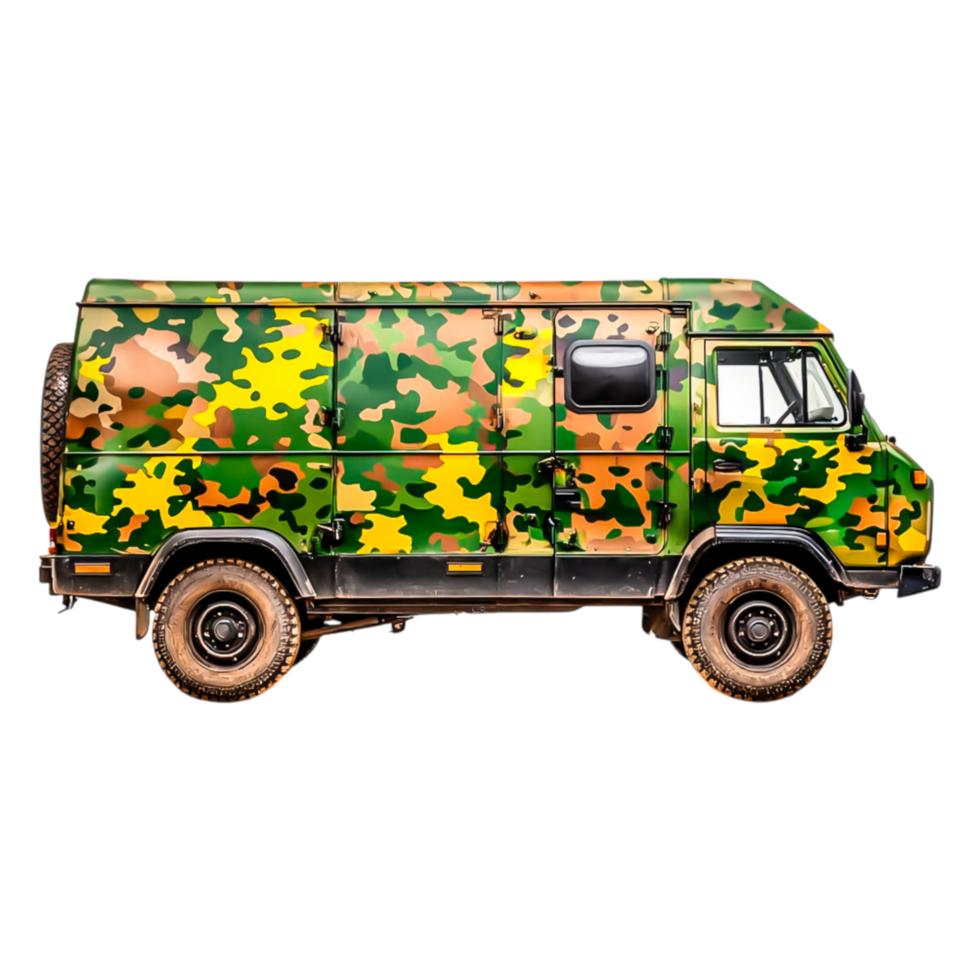 Vintage Military Vehicle with Camouflage Pattern and Rugged Design png