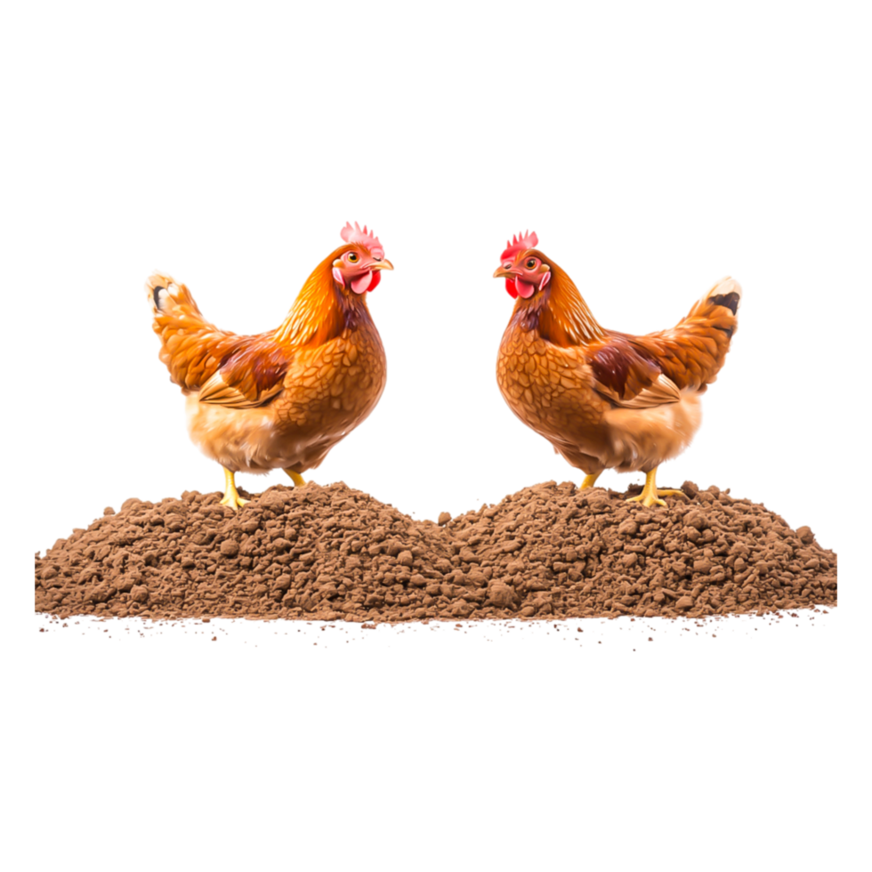 Two Colorful Chickens Standing on Soft Brown Soil png