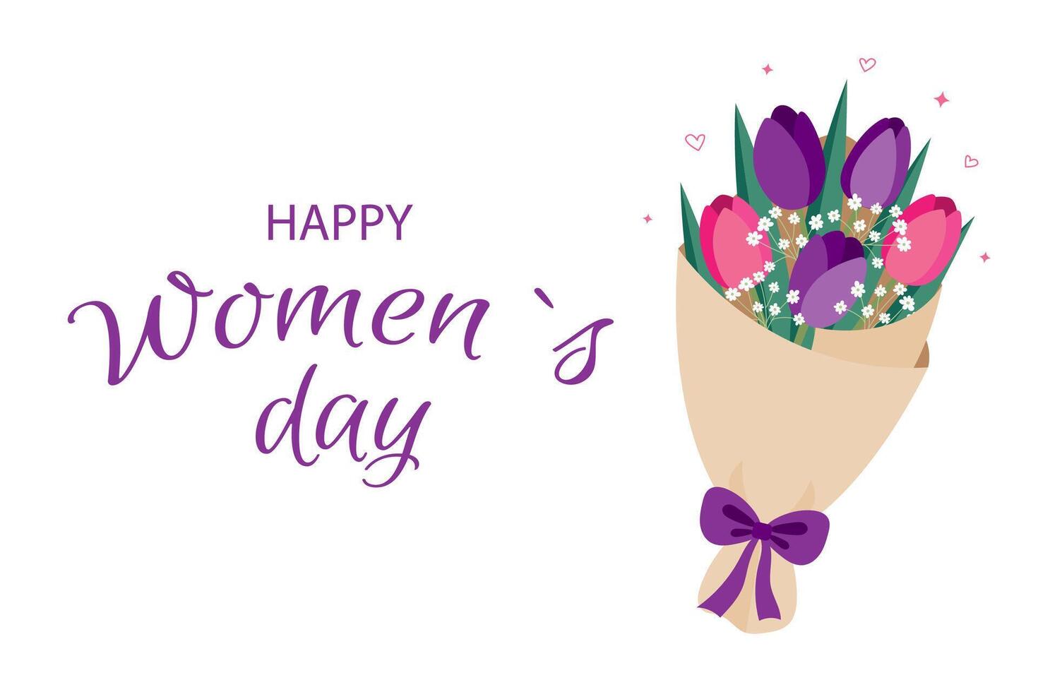 Happy Womens Day. Banner template for March 8. Calligraphic text with bouquet of pink and purple tulips. illustration vector