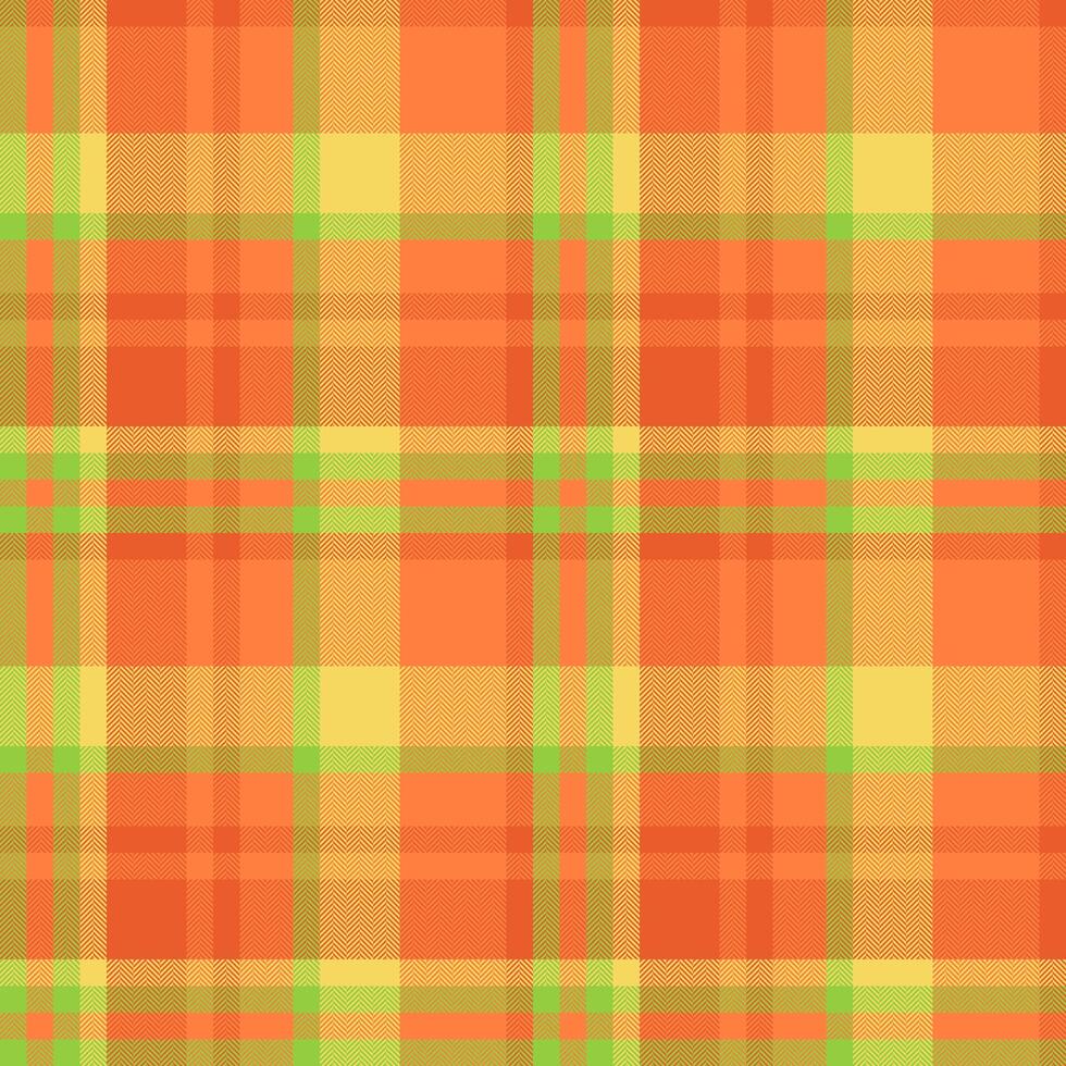 Vibrant orange, yellow, and green plaid pattern. Perfect for textile design, website backgrounds, or autumnal themed projects. This seamless texture offers a cheerful and energetic aesthetic. vector