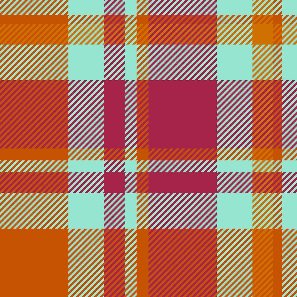 Vibrant plaid pattern in bold orange, teal, and crimson hues. Perfect for textile design, fashion, or website backgrounds. This seamless texture offers a modern, stylish aesthetic. vector