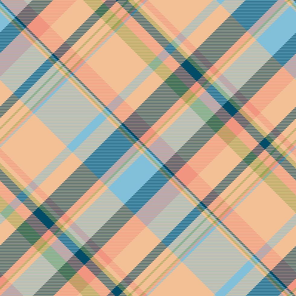 Pajamas plaid pattern background, calm tartan texture . Crossed seamless textile check fabric in cyan and orange colors. vector