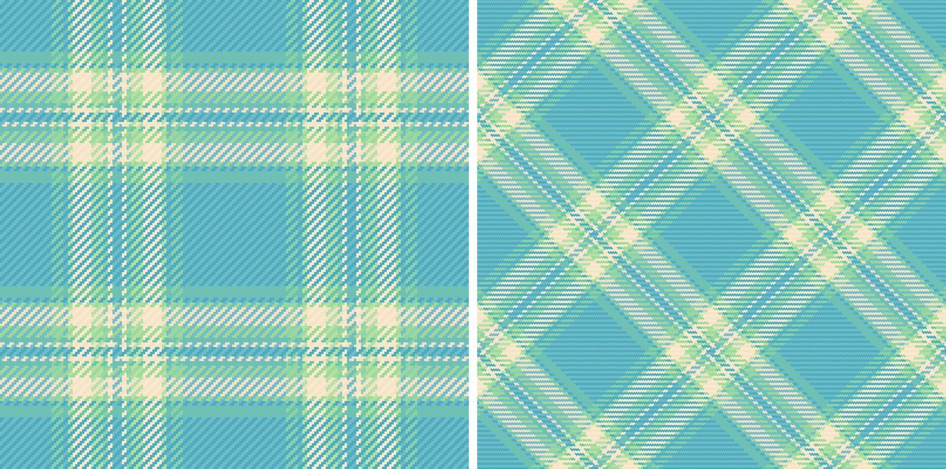 Two vibrant pastel plaid patterns in teal, cream, and light green. Perfect for textile design, fashion, wallpaper, or website backgrounds. Seamless repeat textures offer versatile design options. vector
