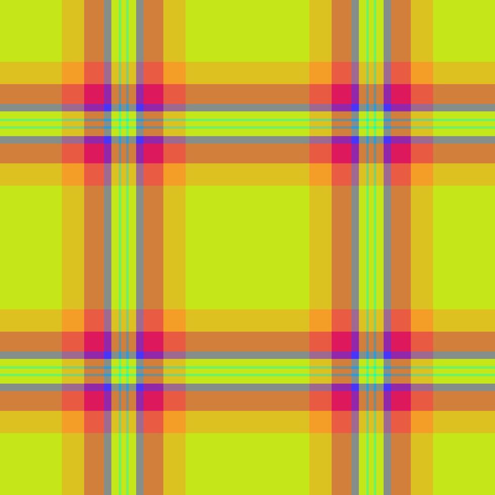 Vibrant lime green plaid pattern with orange, pink, and teal accents. Perfect for textile design, website backgrounds, or trendy fashion projects. Seamless repeat tile adds versatility. vector