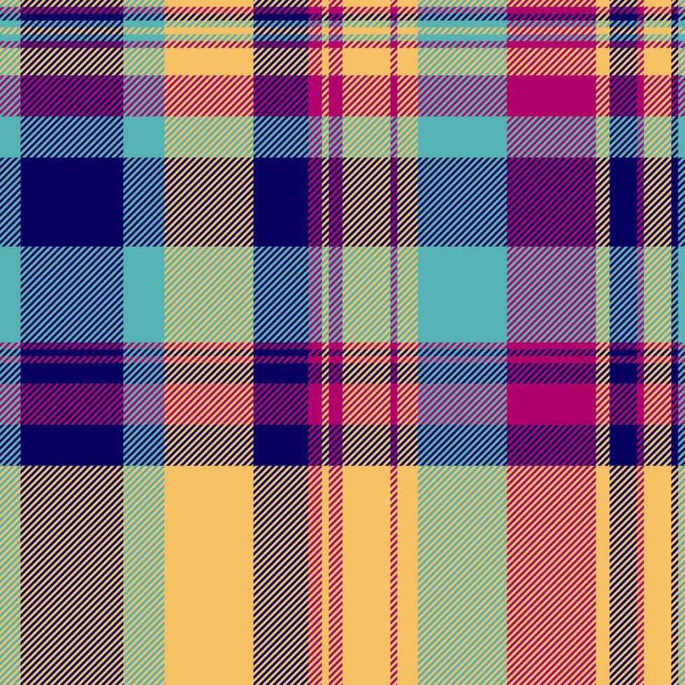 Folk tartan texture, december seamless plaid pattern. Gift card check background fabric textile in amber and indigo colors. vector