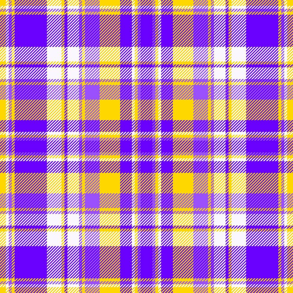 Vibrant purple, yellow, and white plaid pattern. Perfect for textile design, fashion, or website backgrounds. Bold colors and classic check design offer versatility. vector