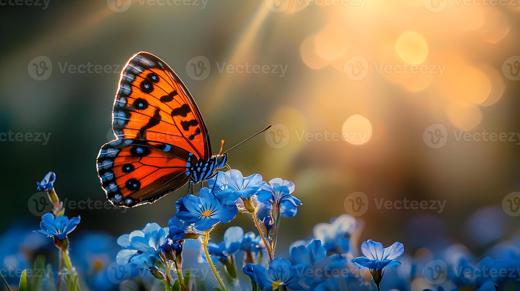 Vivid butterfly resting on blue violets in a spring meadow. . photo