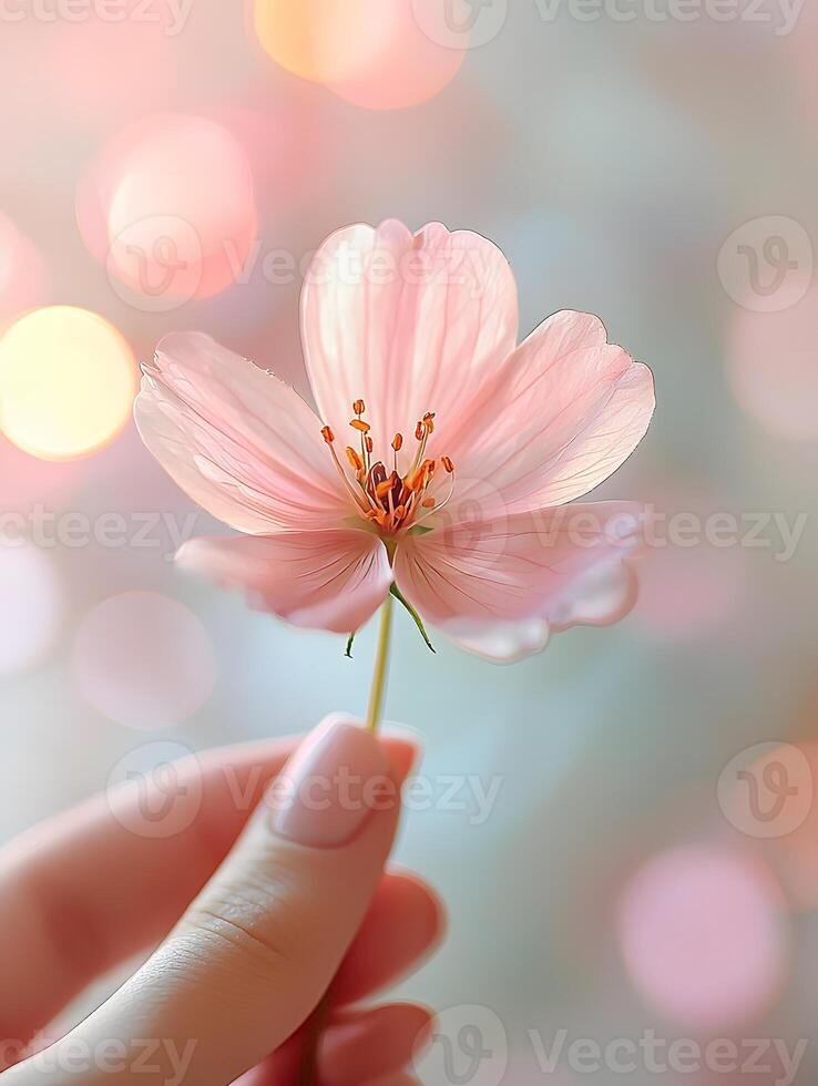Delicate pink flower held gently in spring light. , photo