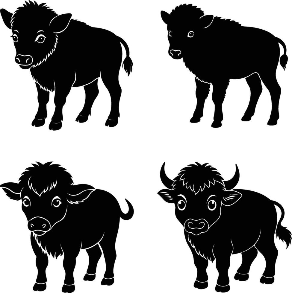 A cute baby Bison and a Buffalo silhouette illustration. vector