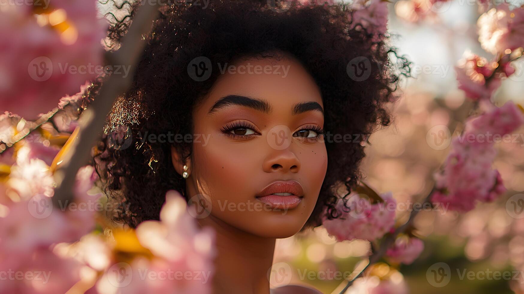 Stunning woman surrounded by blooming flowers in a vibrant spring garden. . photo