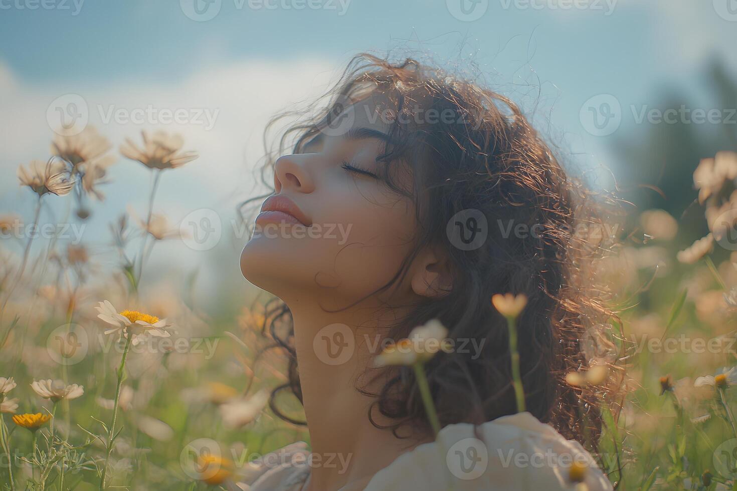 Woman immersed in nature on a sunny day in a flower field. . photo