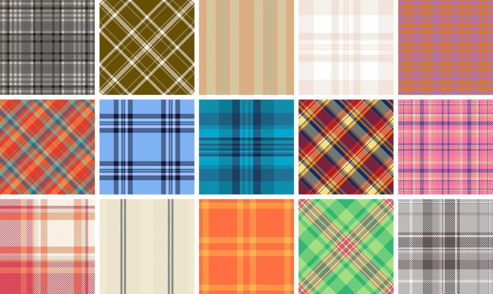 Collection of 16 vibrant plaid patterns. Ideal for textile design, fashion, web backgrounds, and scrapbooking. Various colors and styles offer diverse design options. vector