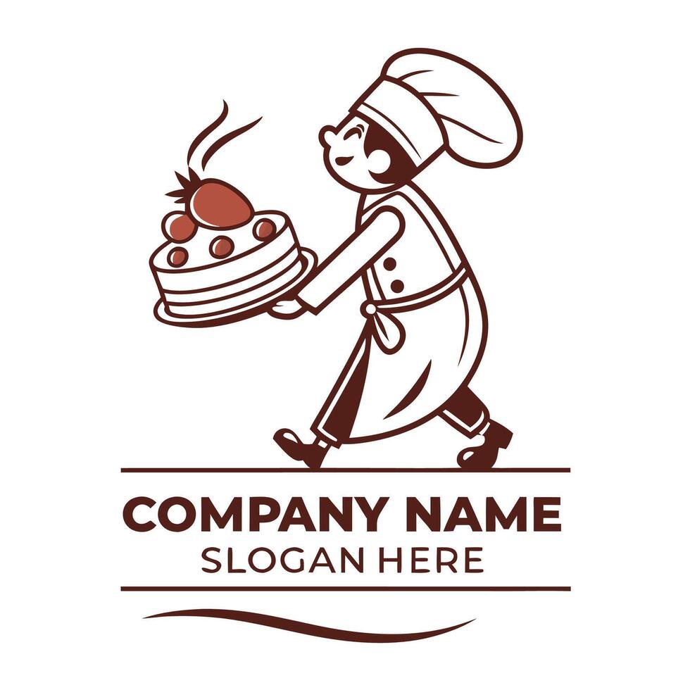 a logo for a bakery with a chef carrying a cake on a white background vector
