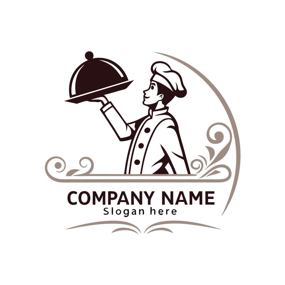 chef holding a tray with a dish logo design on a white background vector