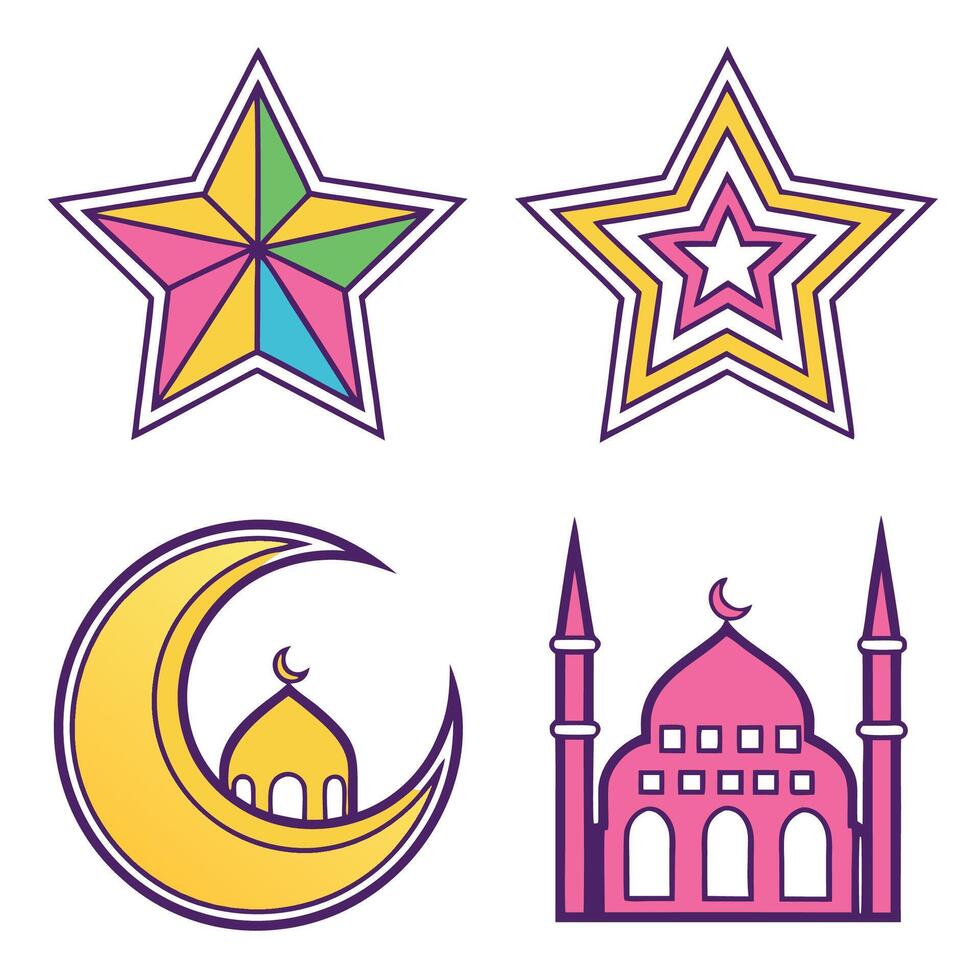 islamic symbols set, including a mosque, star and crescent vector
